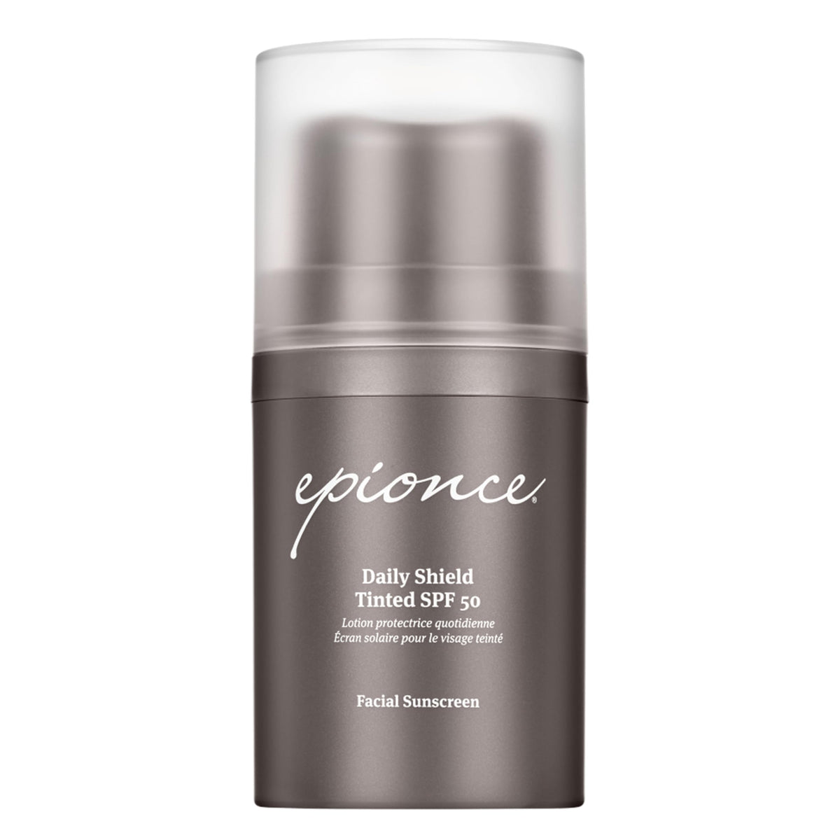 Epionce Daily Shield tinted SPF 50 bottle showing lightweight daily protection
