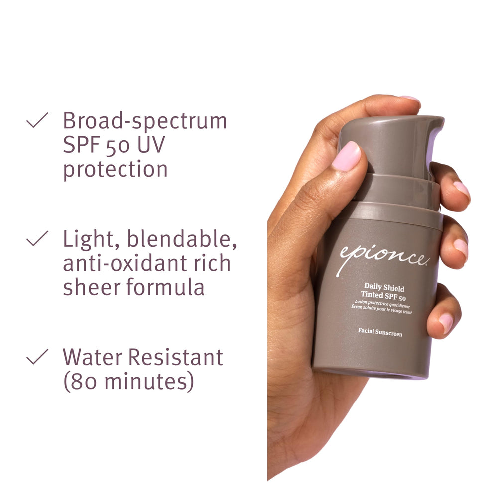 Epionce Daily Shield tinted SPF 50 label close-up highlights broad spectrum protection