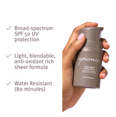 Epionce Daily Shield tinted SPF 50 label close-up highlights broad spectrum protection