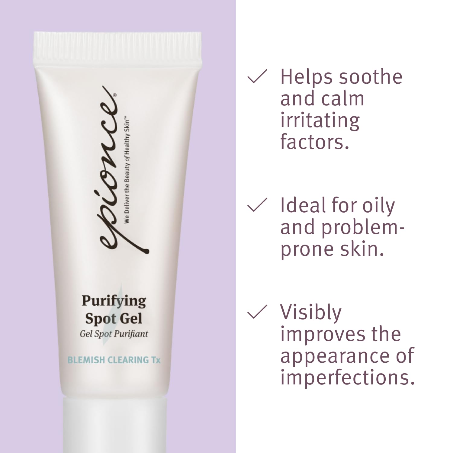 Epionce purifying spot gel on the face targets pores for clearer-looking skin.