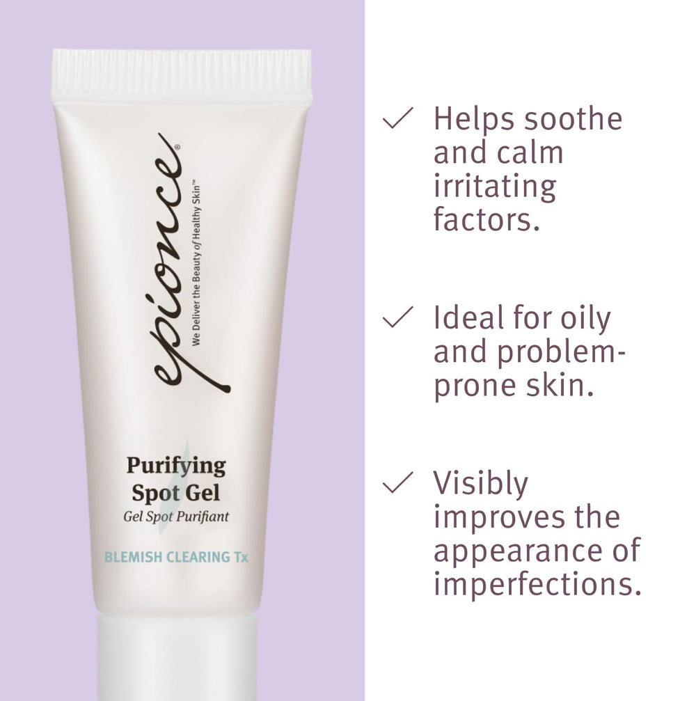 Epionce purifying spot gel on the face targets pores for clearer-looking skin.