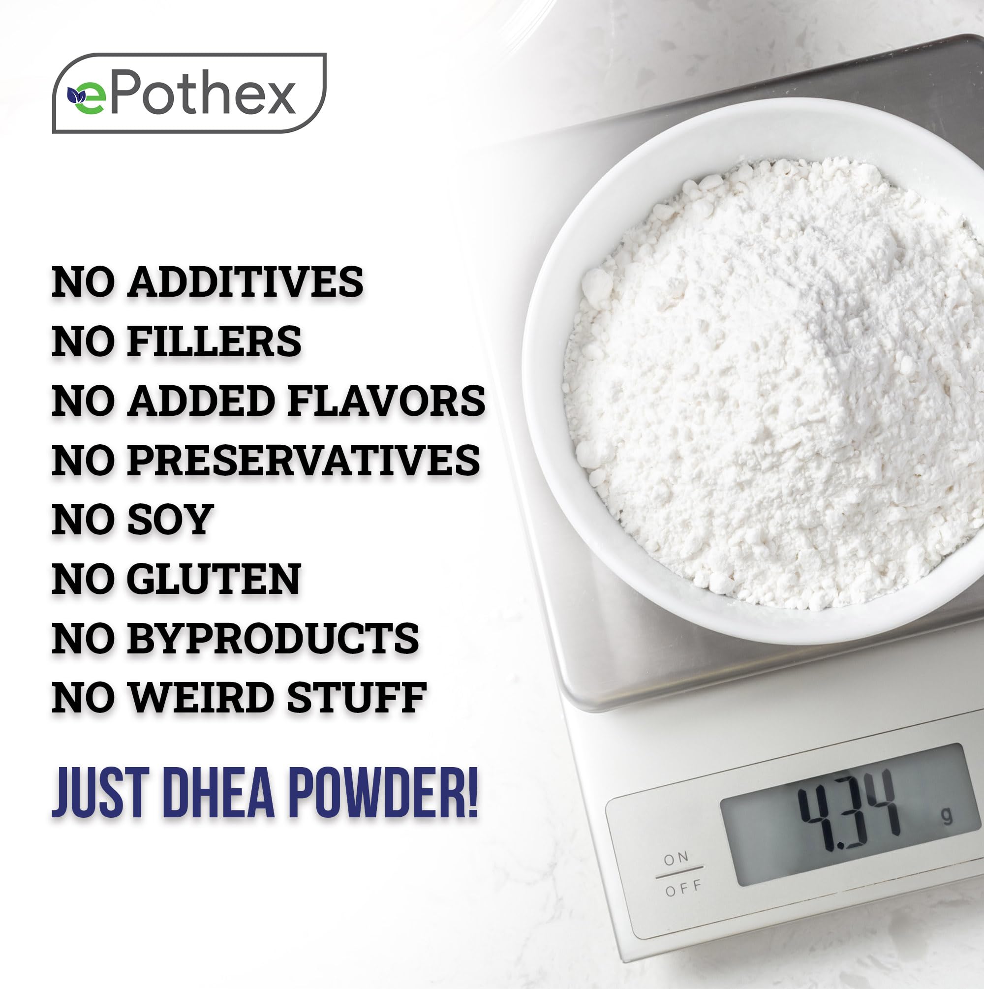 EPOTHEX DHEA micronized powder close-up showing pure, filler-free formula.