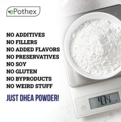 EPOTHEX DHEA micronized powder close-up showing pure, filler-free formula.