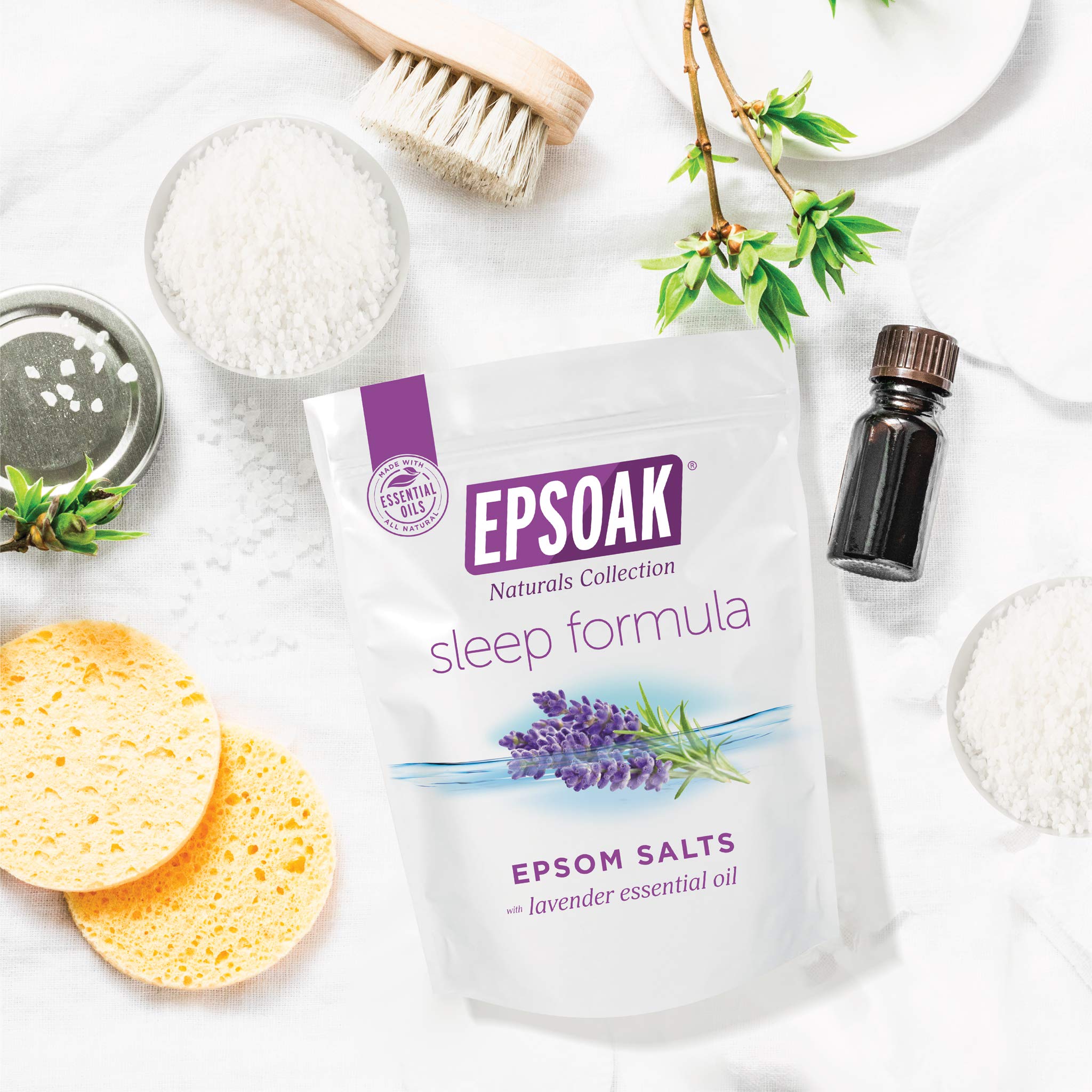 Epsoak lavender bath salt being poured into a tub