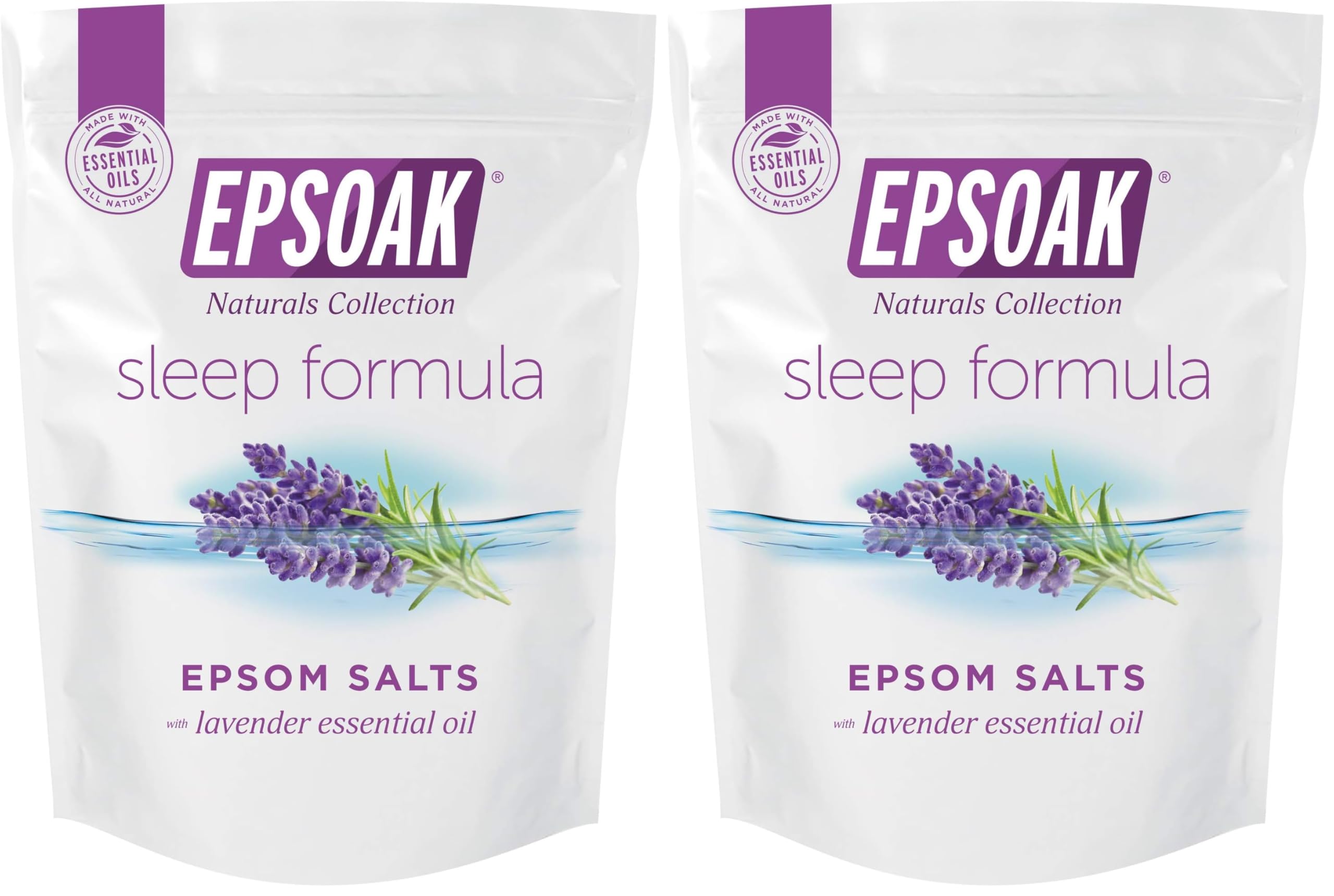 Epsoak Lavender Sleep Formula bath salt bag with resealable lid for easy storage