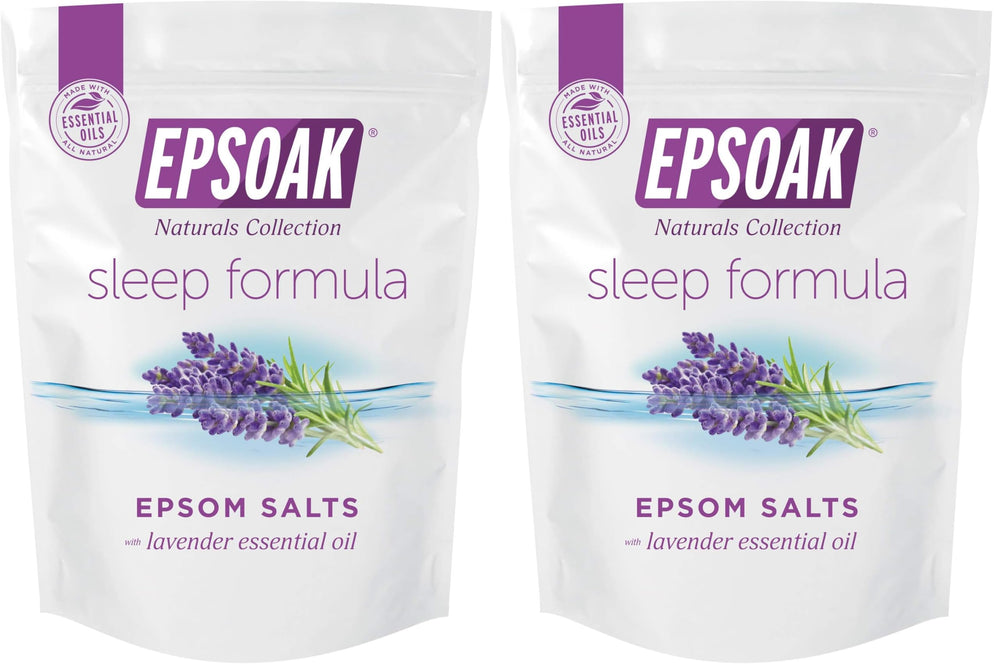 Epsoak Lavender Sleep Formula bath salt bag with resealable lid for easy storage