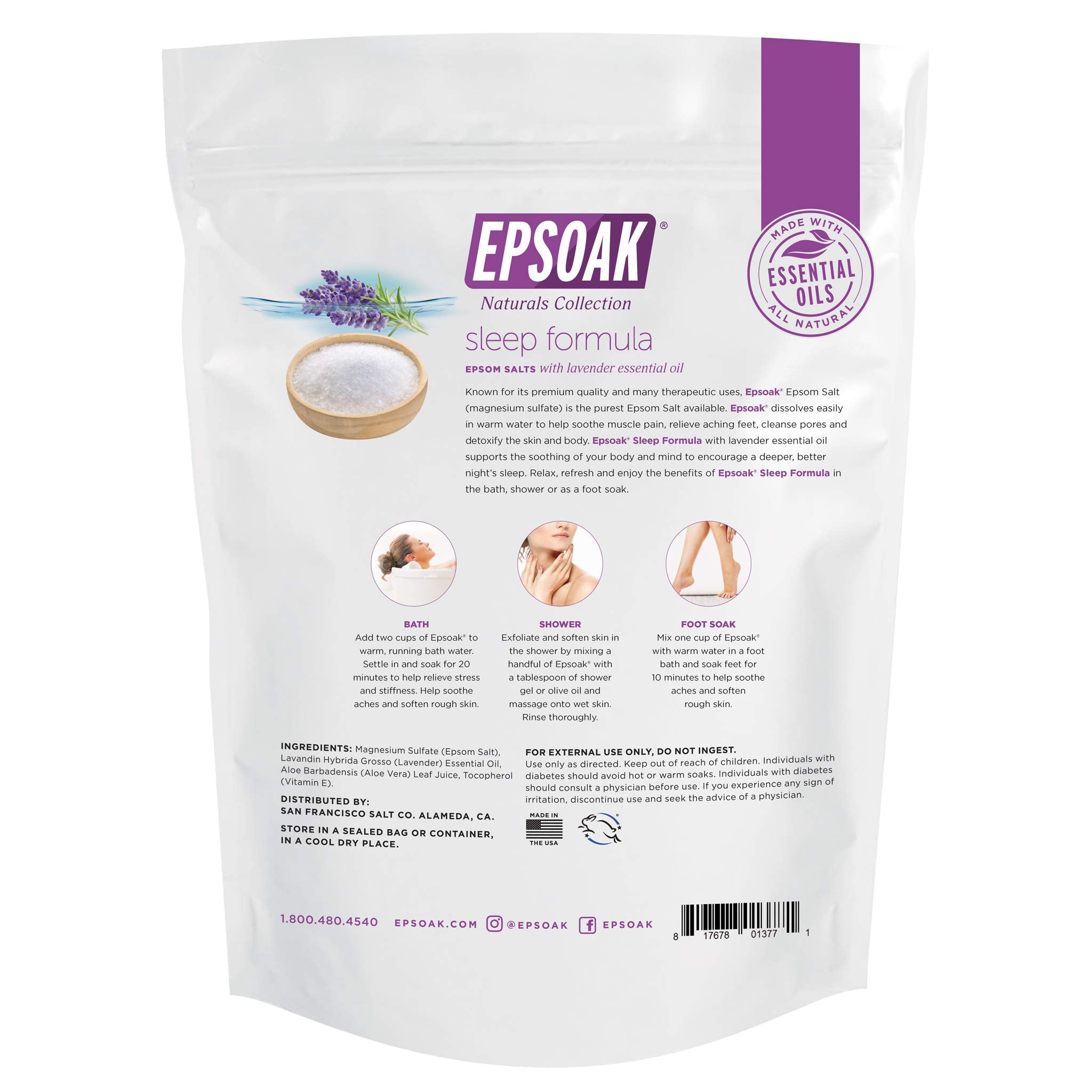 Epsoak Lavender Sleep Formula bottle close-up highlighting soothing scent