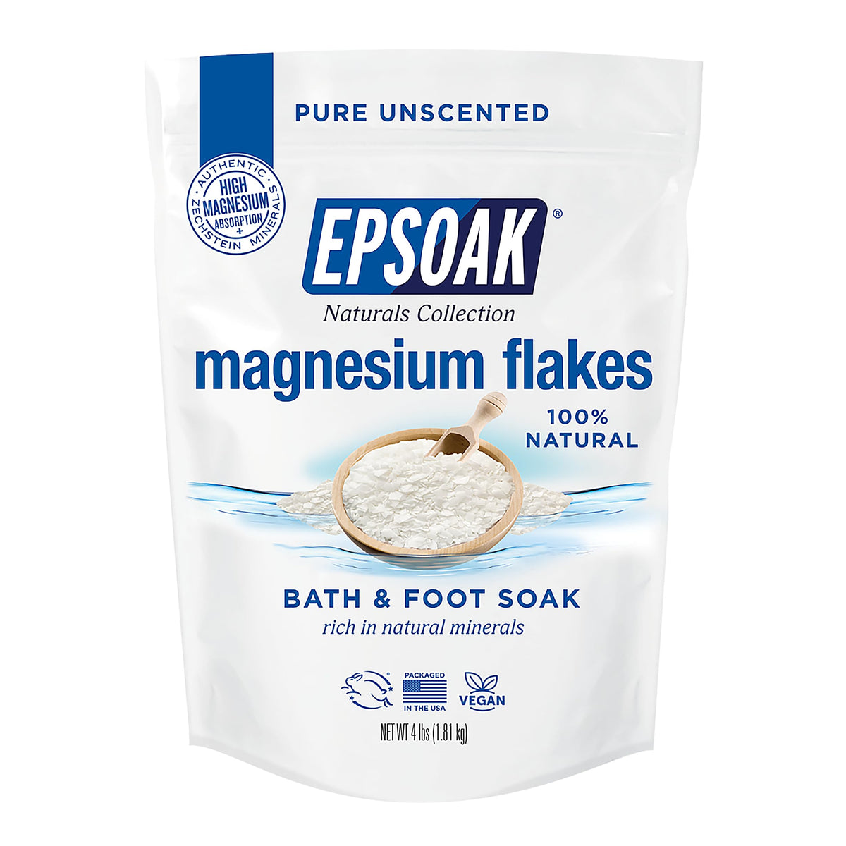 Epsoak Naturals magnesium flakes in a full bottle for soothing baths.