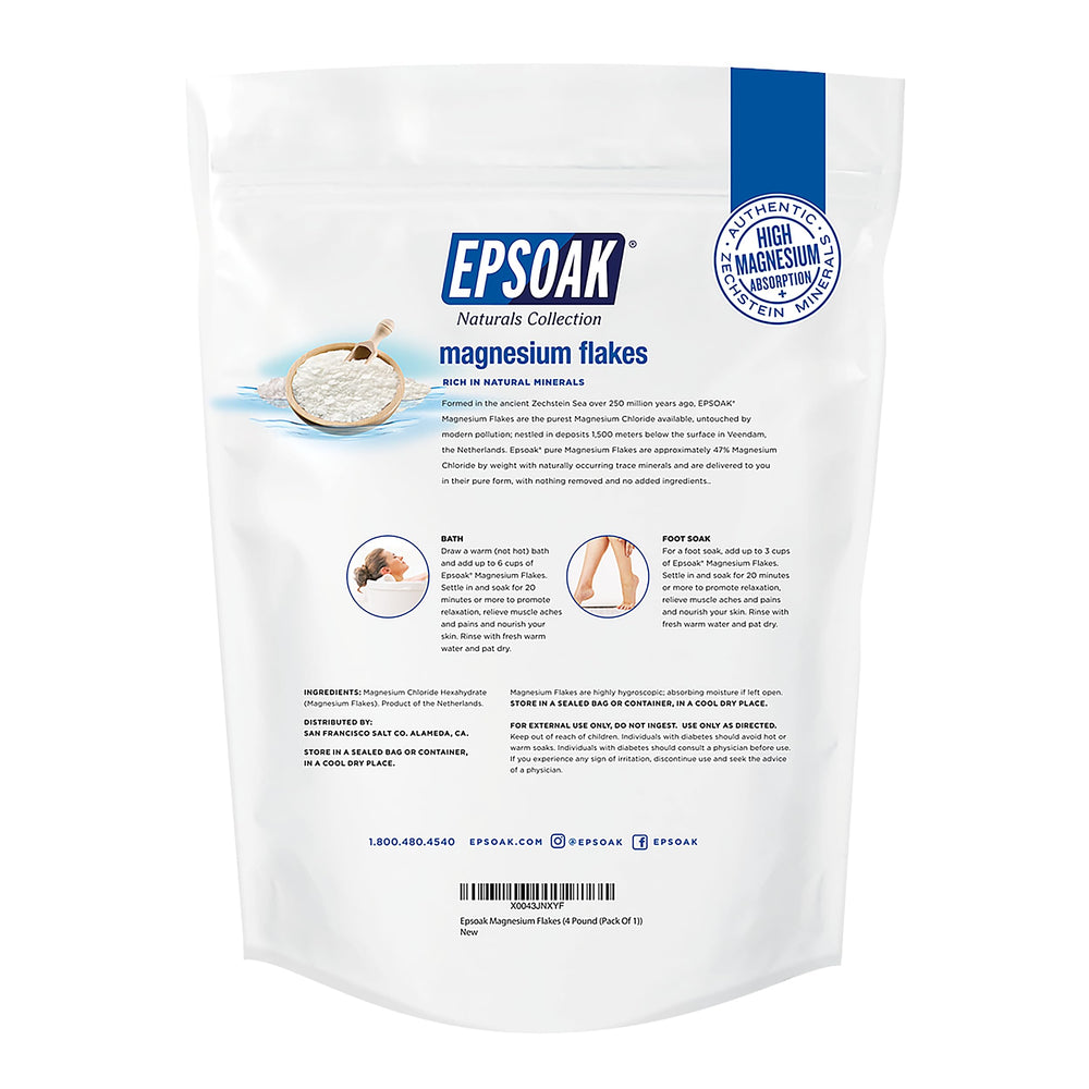 Epsoak Naturals magnesium flakes dissolving quickly in warm water to ease muscle tension.