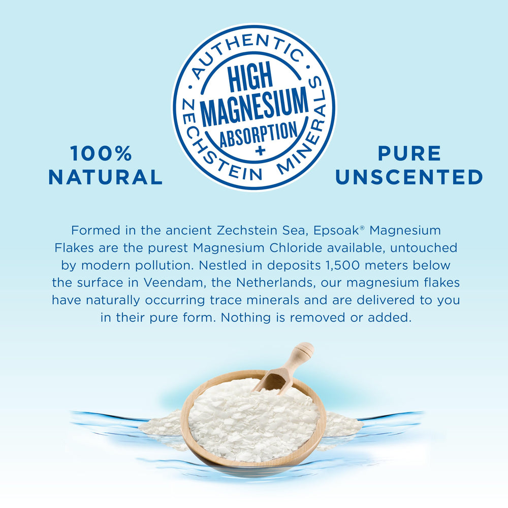 Epsoak Naturals magnesium flakes used for foot soak after activity.