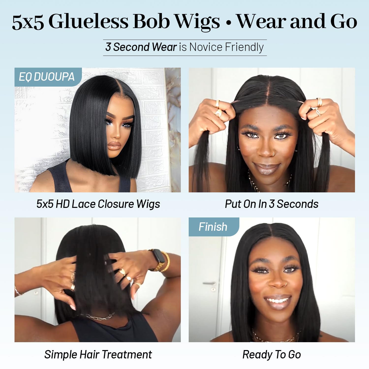 EQ DUOUPA glueless bob wig pre-plucked hairline for ready-to-wear look