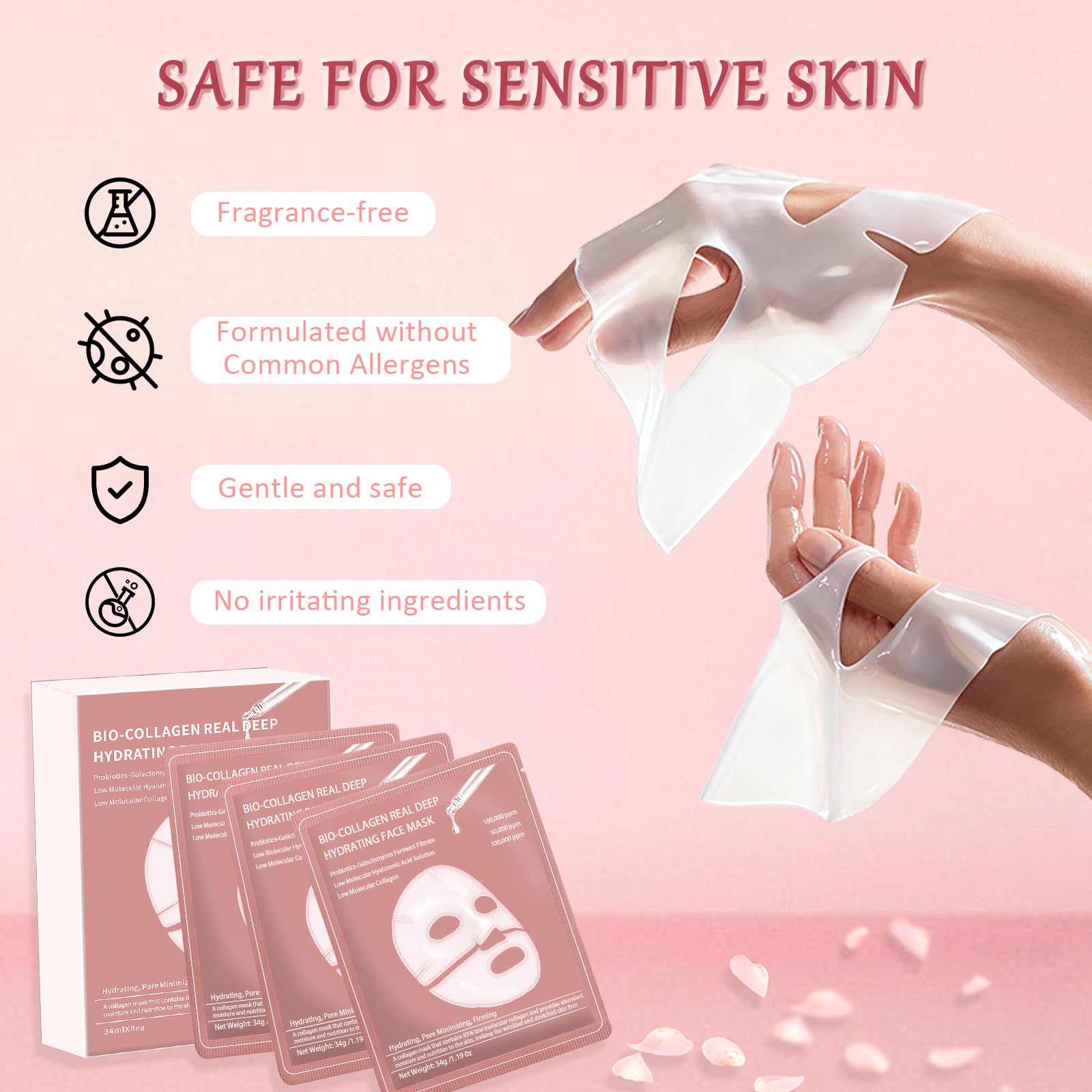 Eqimznv collagen mask absorbs in 3–4 hours for a non-greasy finish.