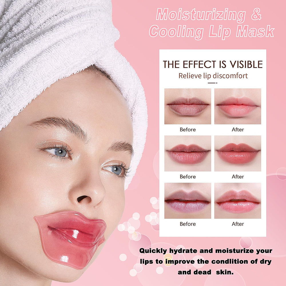 Eqimznv collagen lip mask close-up highlighting moisturized, smooth lips.