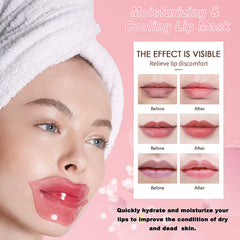 Eqimznv collagen lip mask close-up highlighting moisturized, smooth lips.
