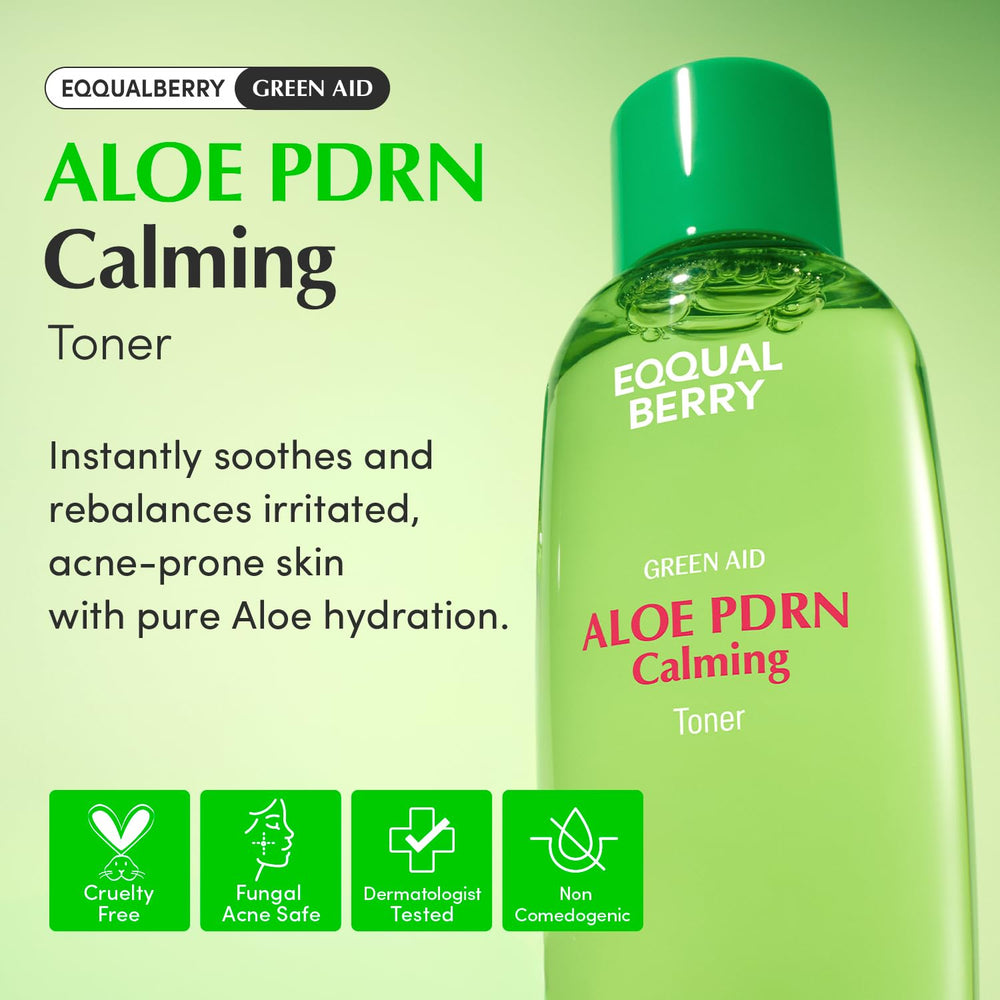 EQQUALBERRY Aloe PDRN Toner dispense close-up highlighting quick calming application