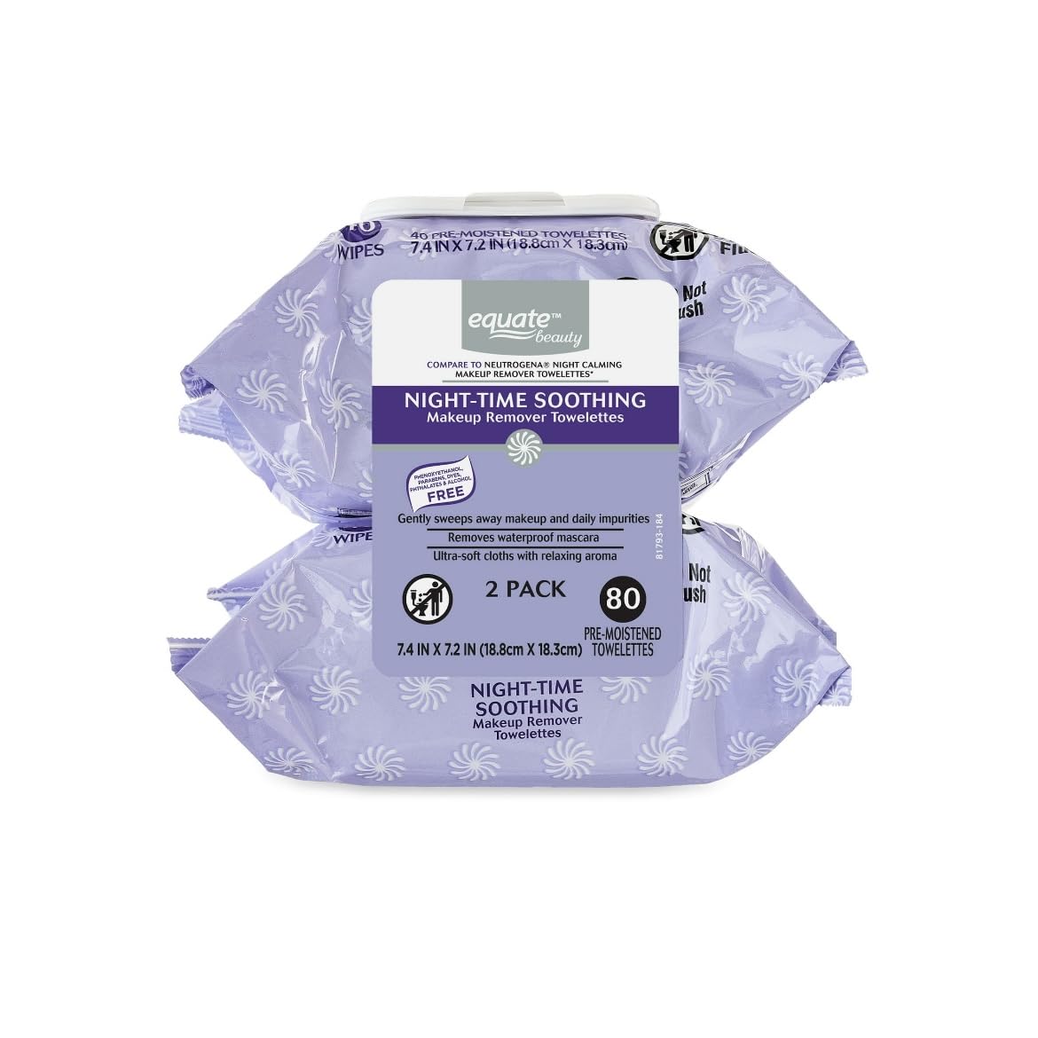 Equate night-time soothing makeup remover towelettes 80-count pack, travel-friendly.