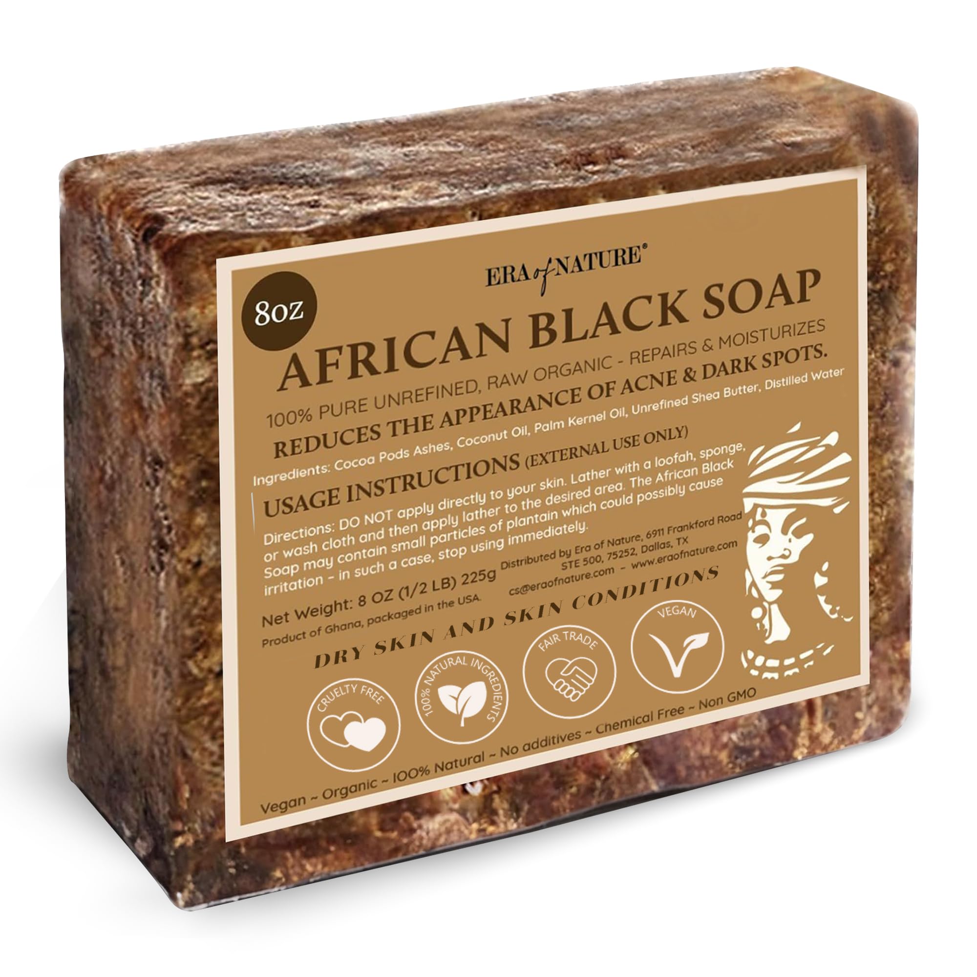 Era of Nature African Black Soap bar 8oz for daily cleansing and gentle exfoliation