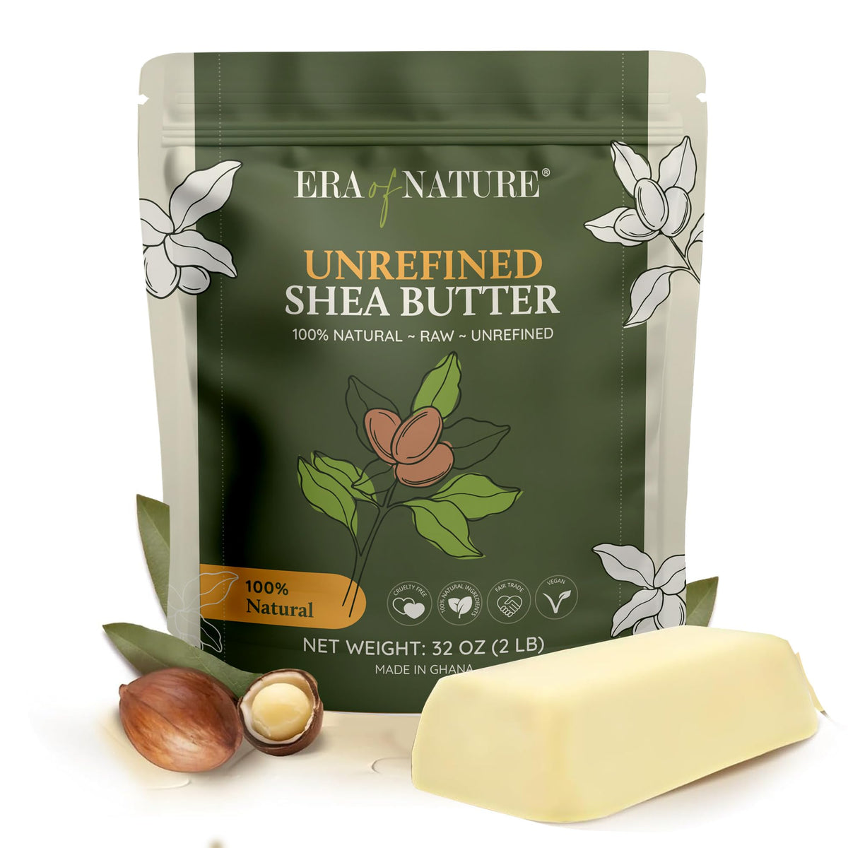 Era of Nature raw shea butter packaging highlights premium unrefined quality for skincare applications.