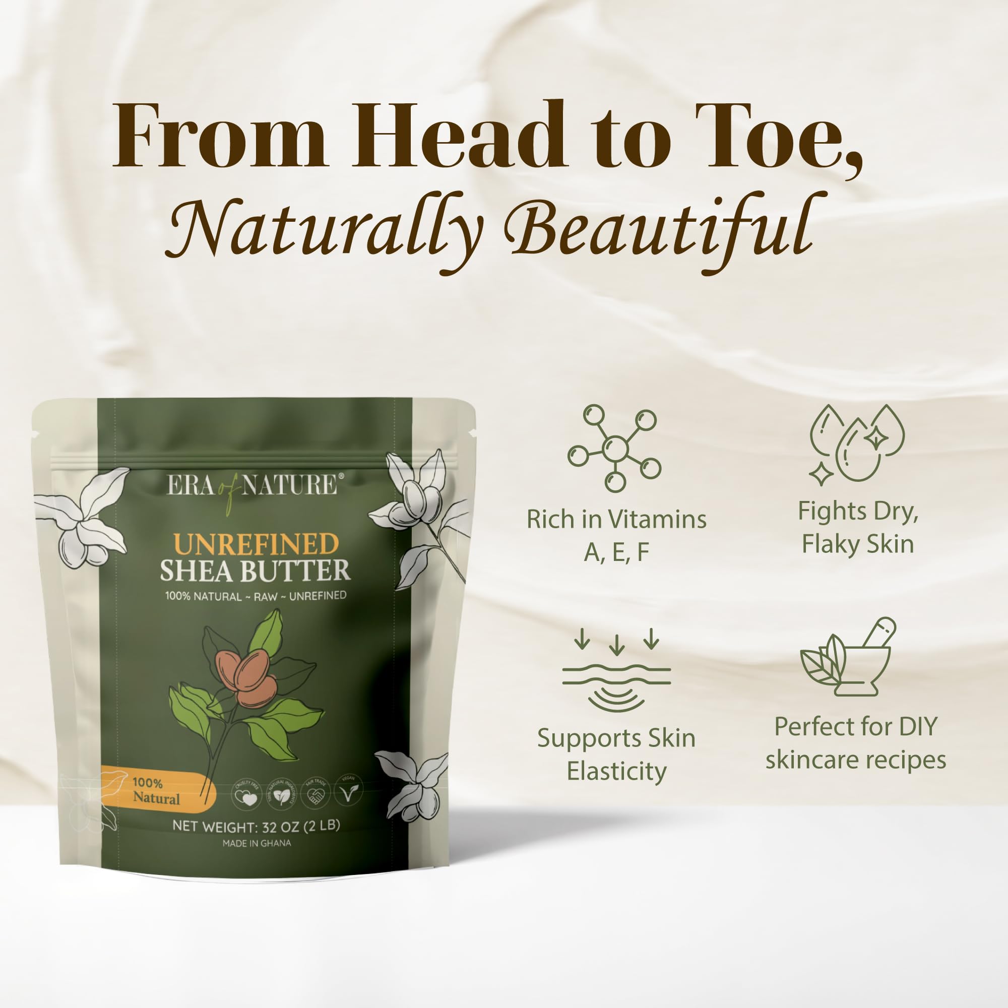 Era of Nature shea butter texture close-up shows creamy richness ideal for moisturizers.