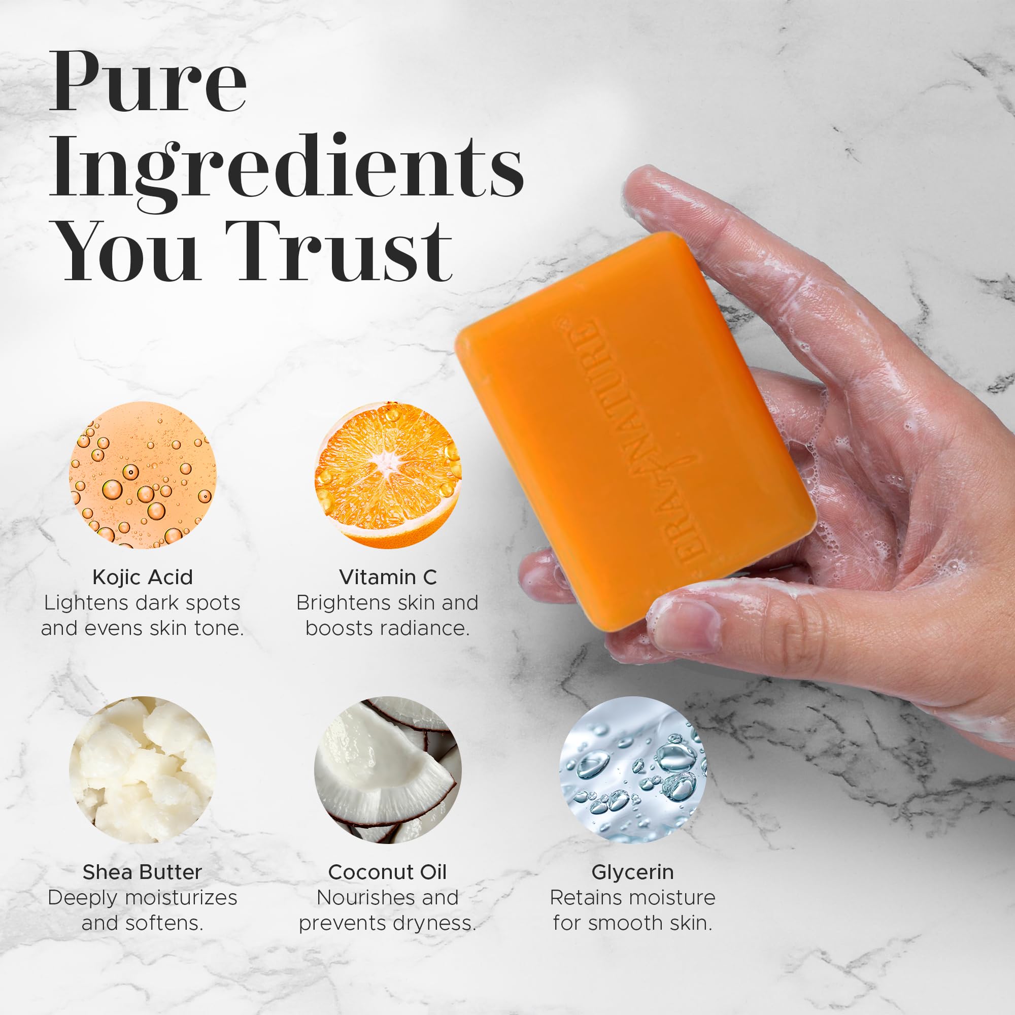 Era of Nature turmeric kojic soap bar close-up shows creamy lather.