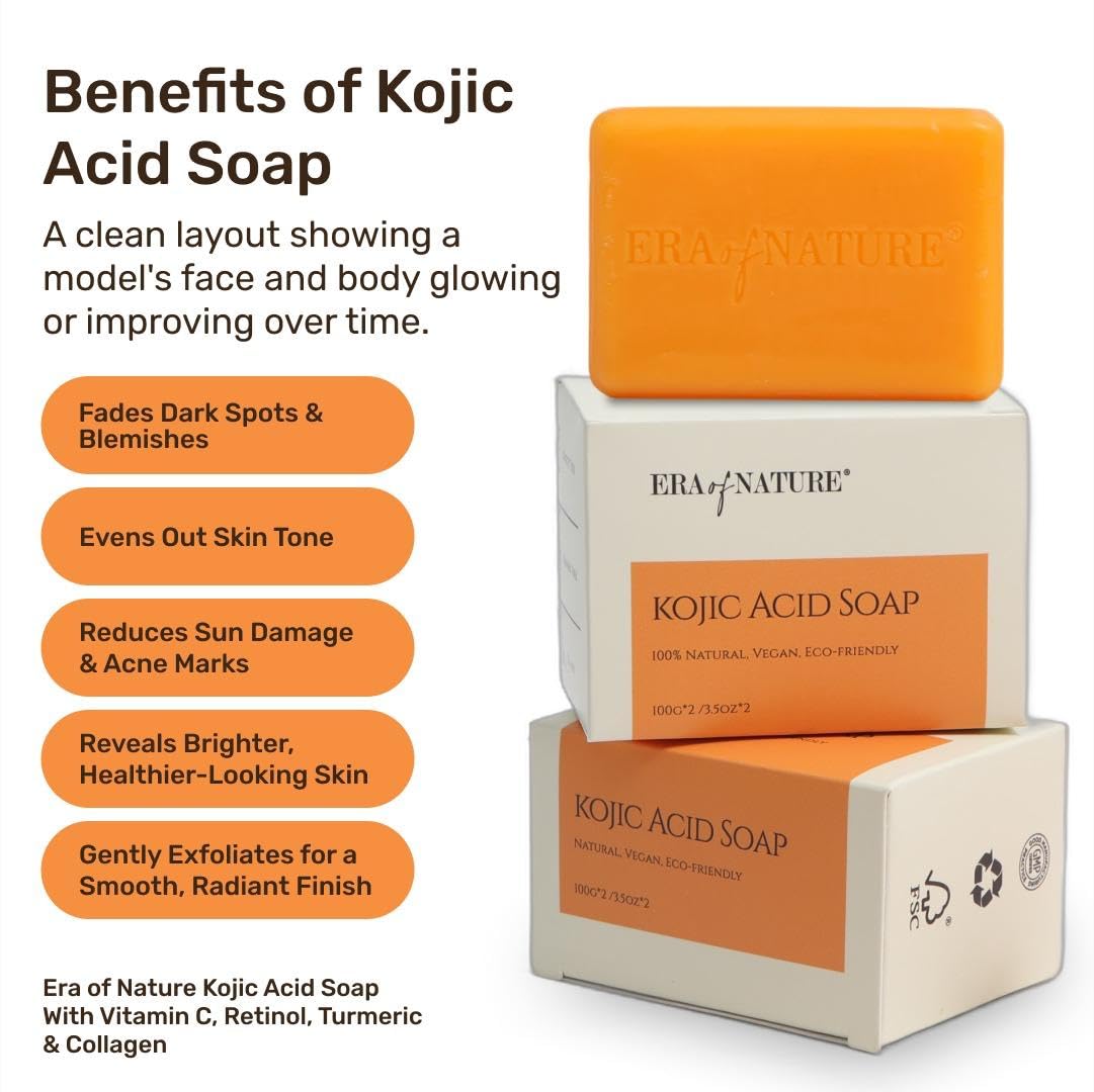 Era of Nature turmeric kojic soap bar side view highlighting compact 200g twin pack.
