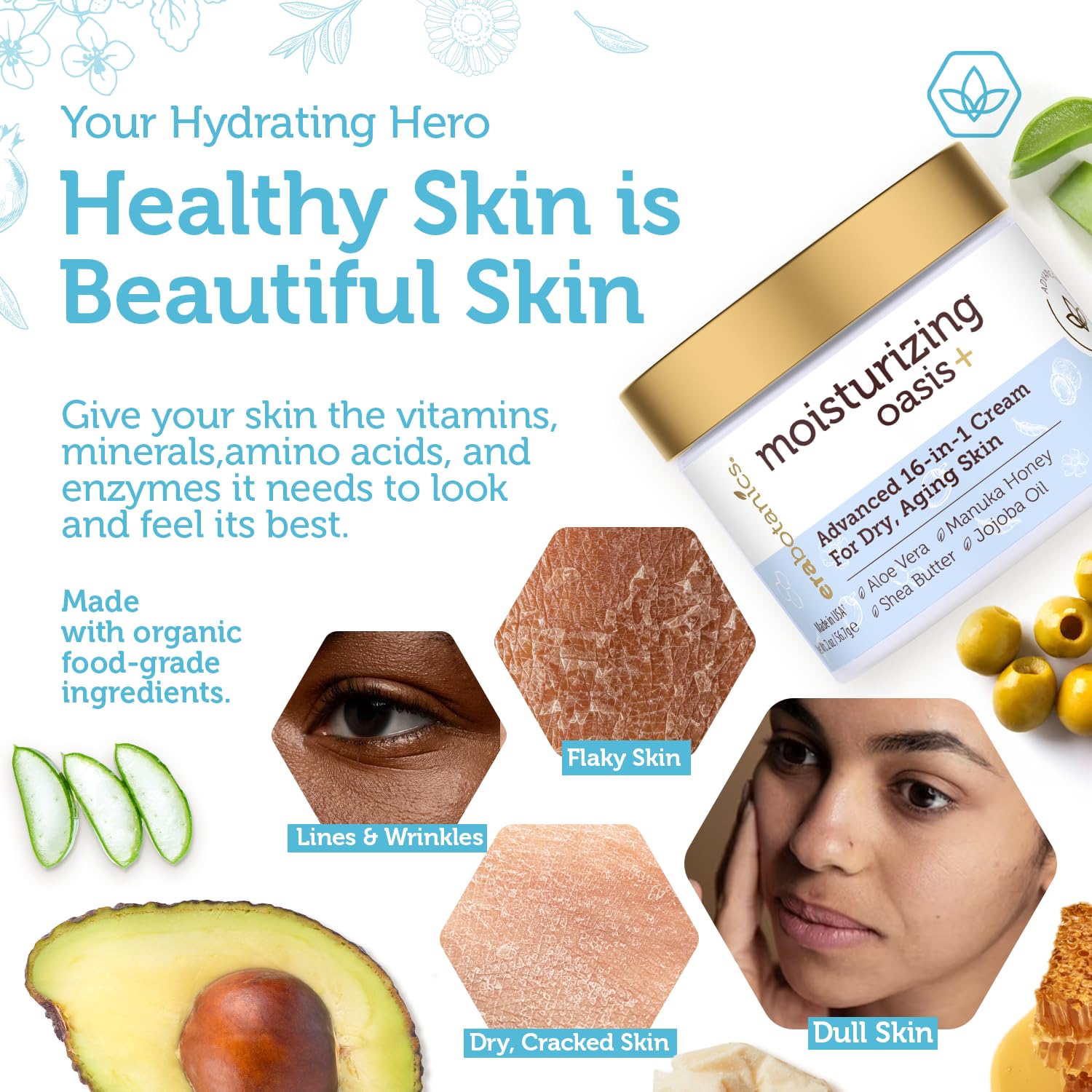 Key ingredients such as Aloe Vera and Manuka Honey support soothing skin.