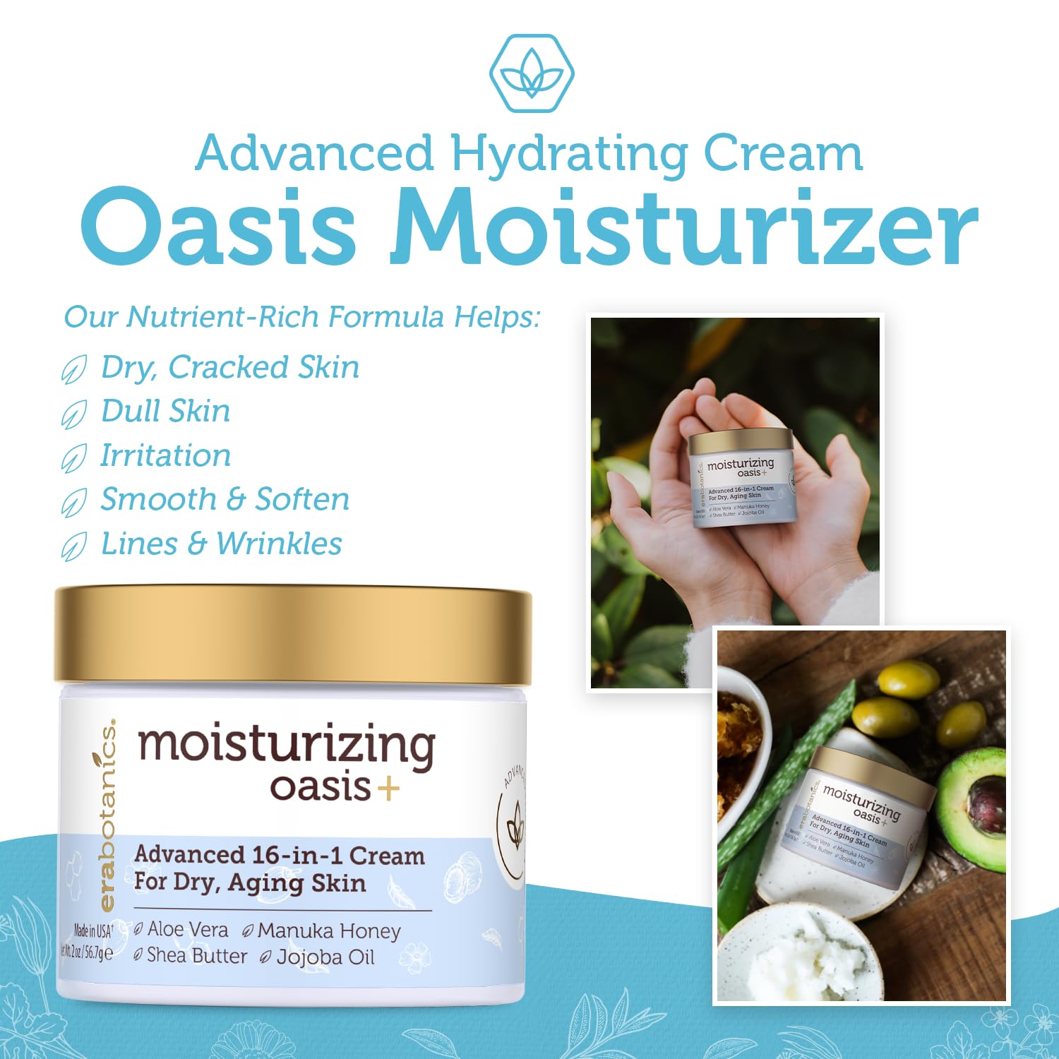 USA-made jar emphasizes fragrance-free, dye-free daily care.