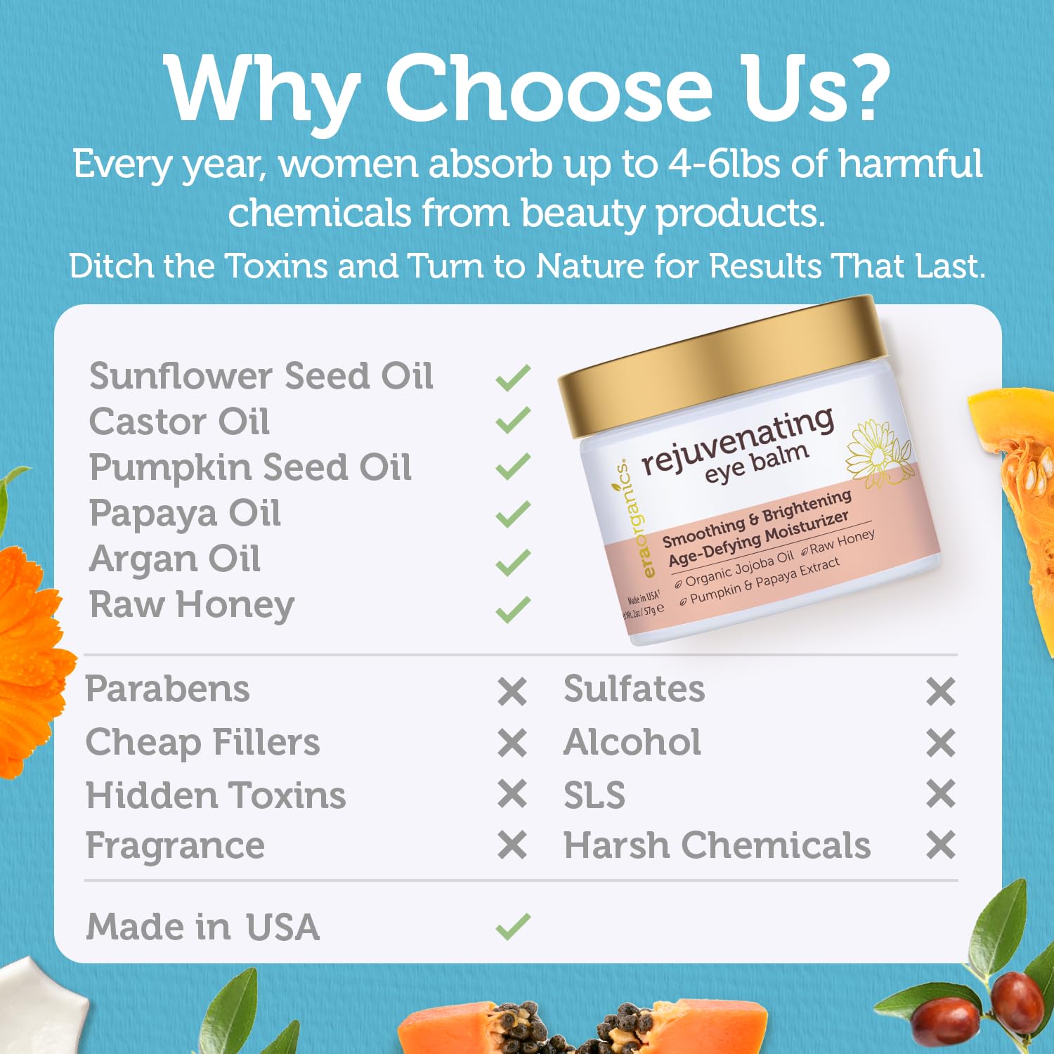Era Organics Eye Moisturizer natural ingredients label emphasizing hypoallergenic formula.