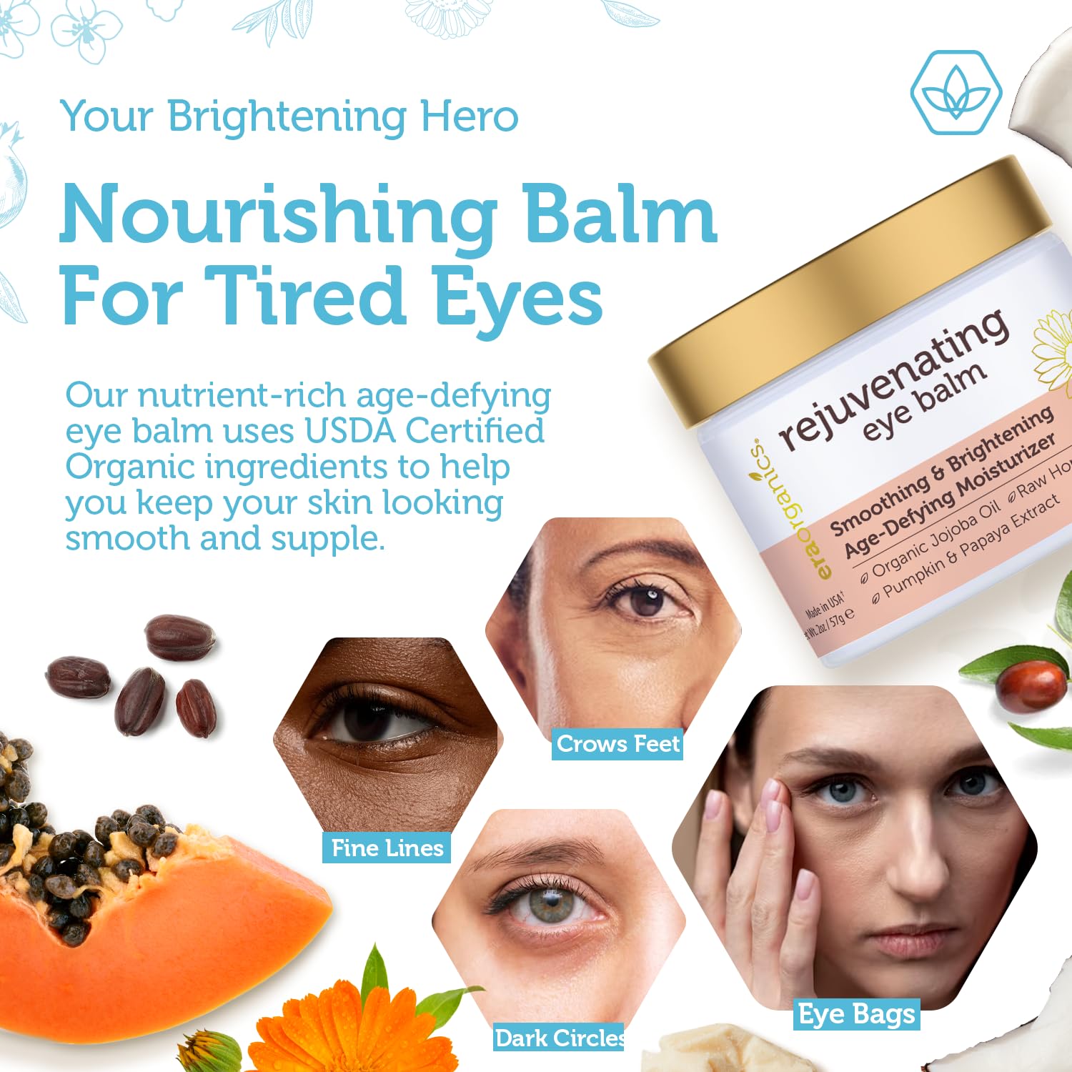 Era Organics Eye Moisturizer under-eye application demonstrating gentle moisturizing.