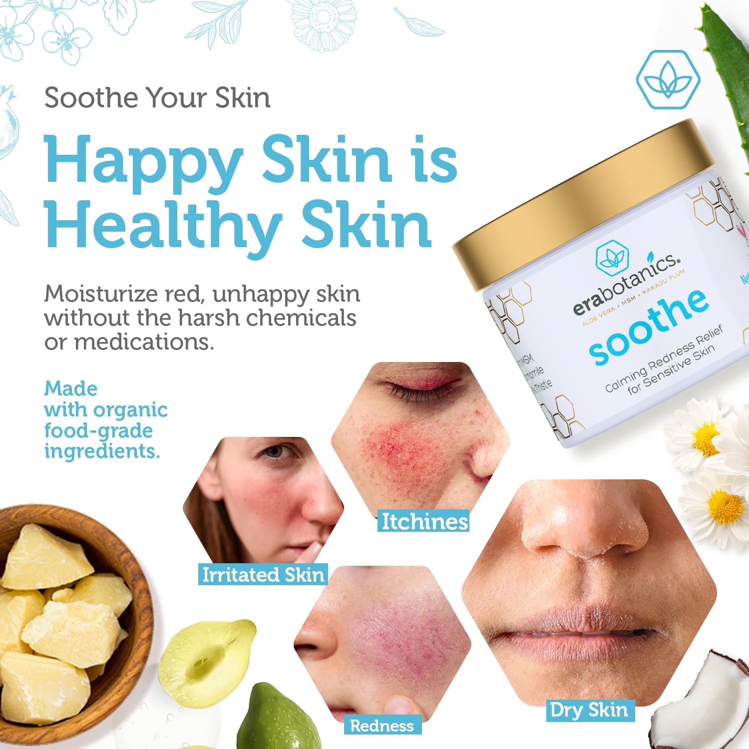 Era Organics ingredients chamomile milk-thistle and kakadu plum for calm skin.