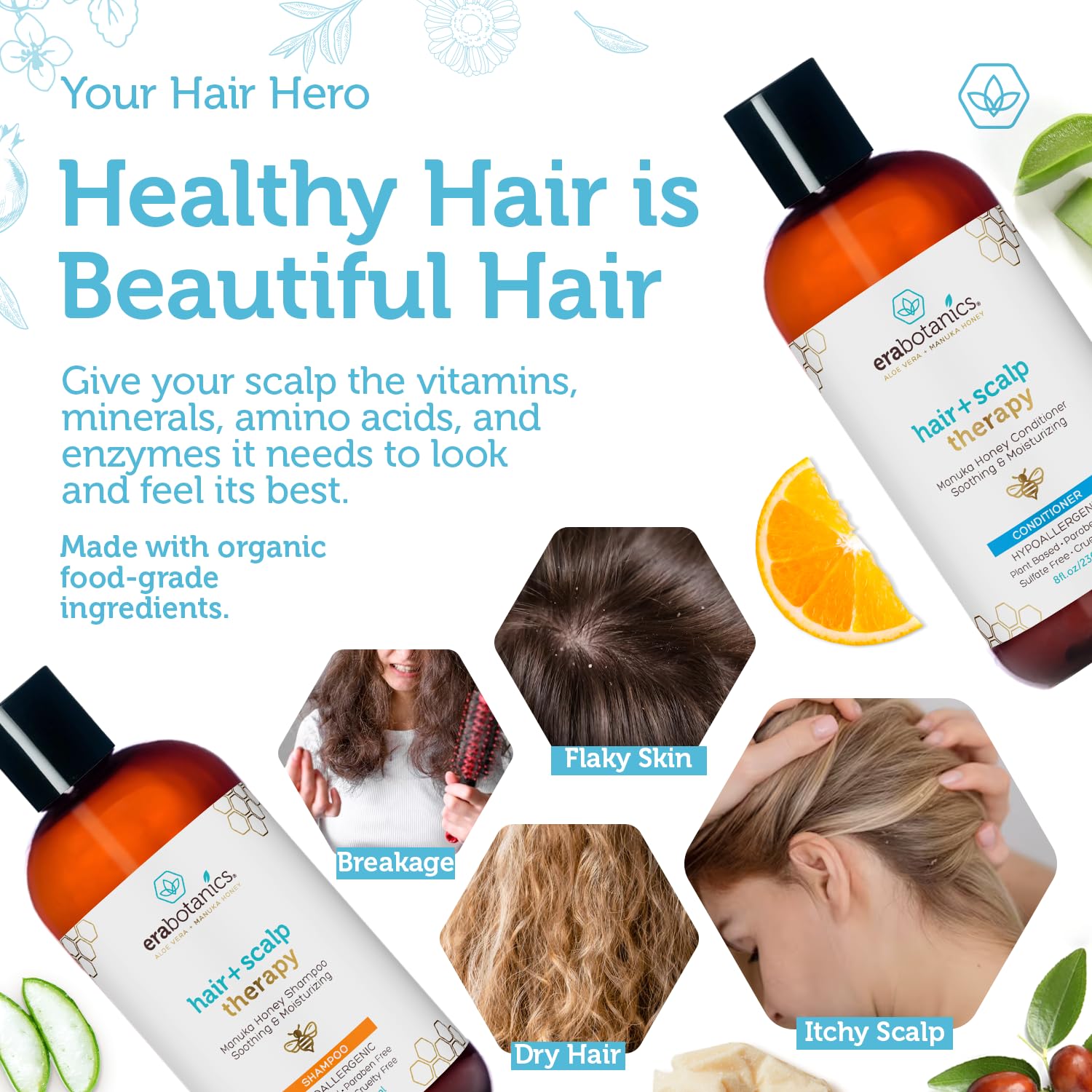 Era Organics Manuka Honey bottle with argan oil communicates nourishing care for hair.