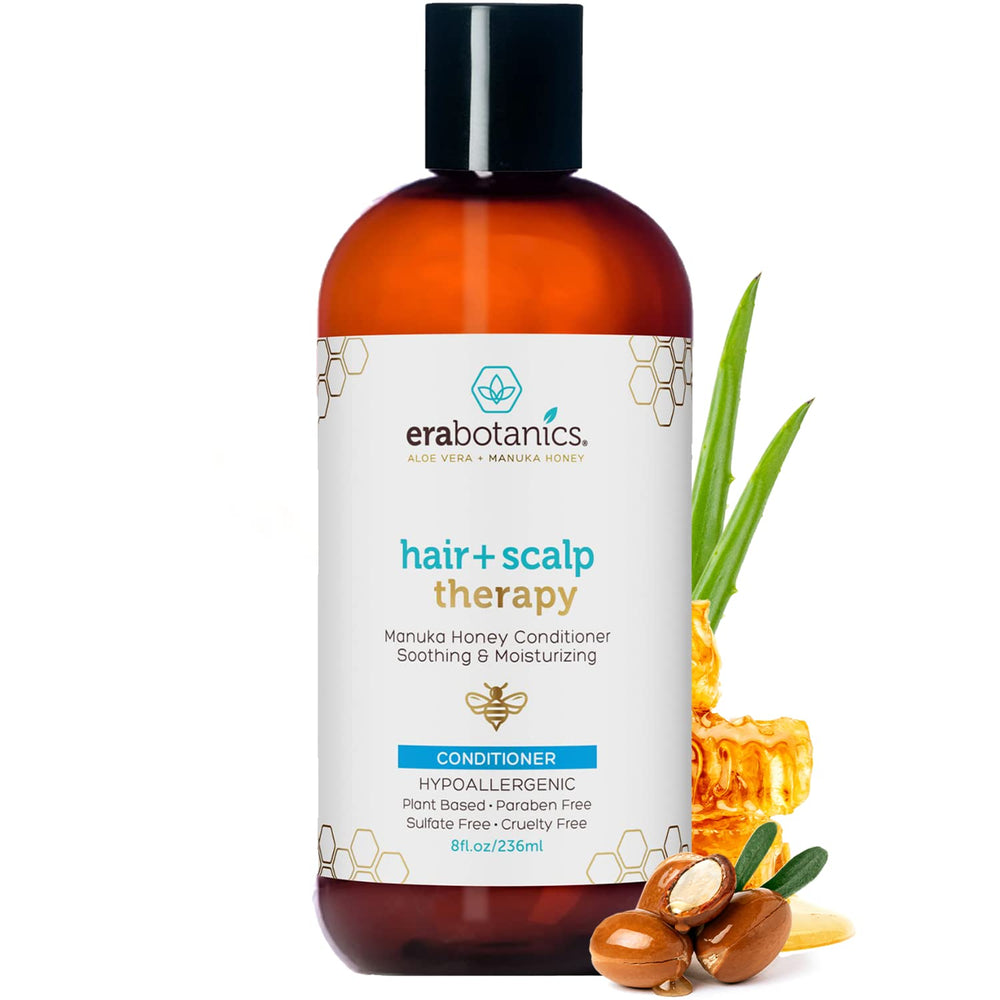 Era Organics Manuka Honey Dry Scalp Conditioner bottle highlights sulfate-free nourishment.