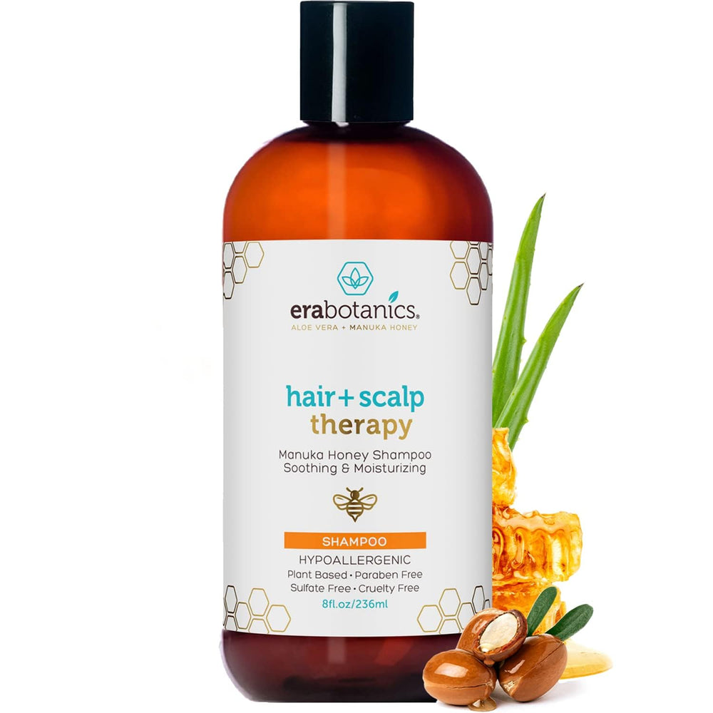 Era Organics Manuka Honey Dry Scalp Shampoo bottle shows sulfate-free cleansing for dry scalp