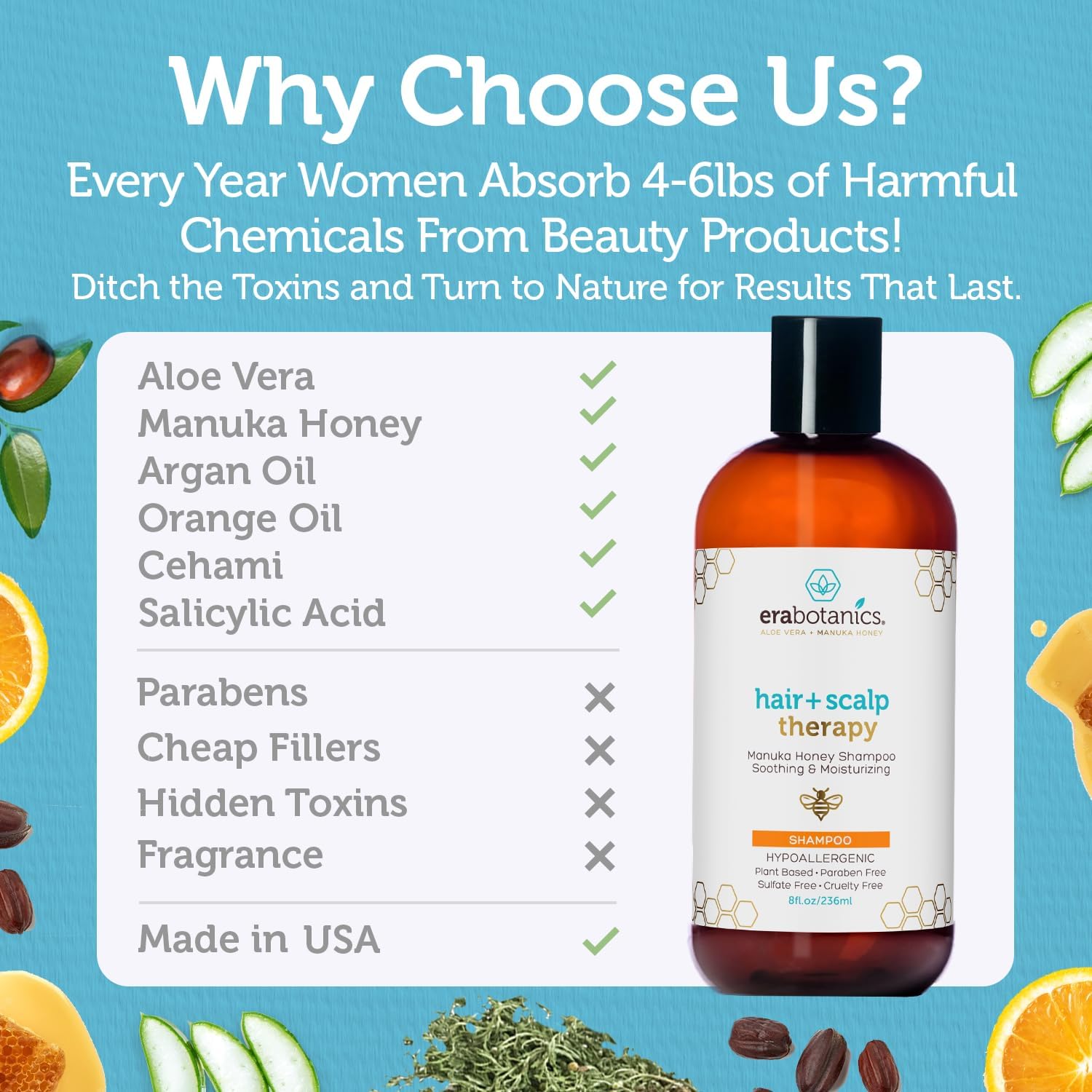 Close-up of Aloe Vera, Manuka Honey and Argan Oil ingredients in Era Organics formula