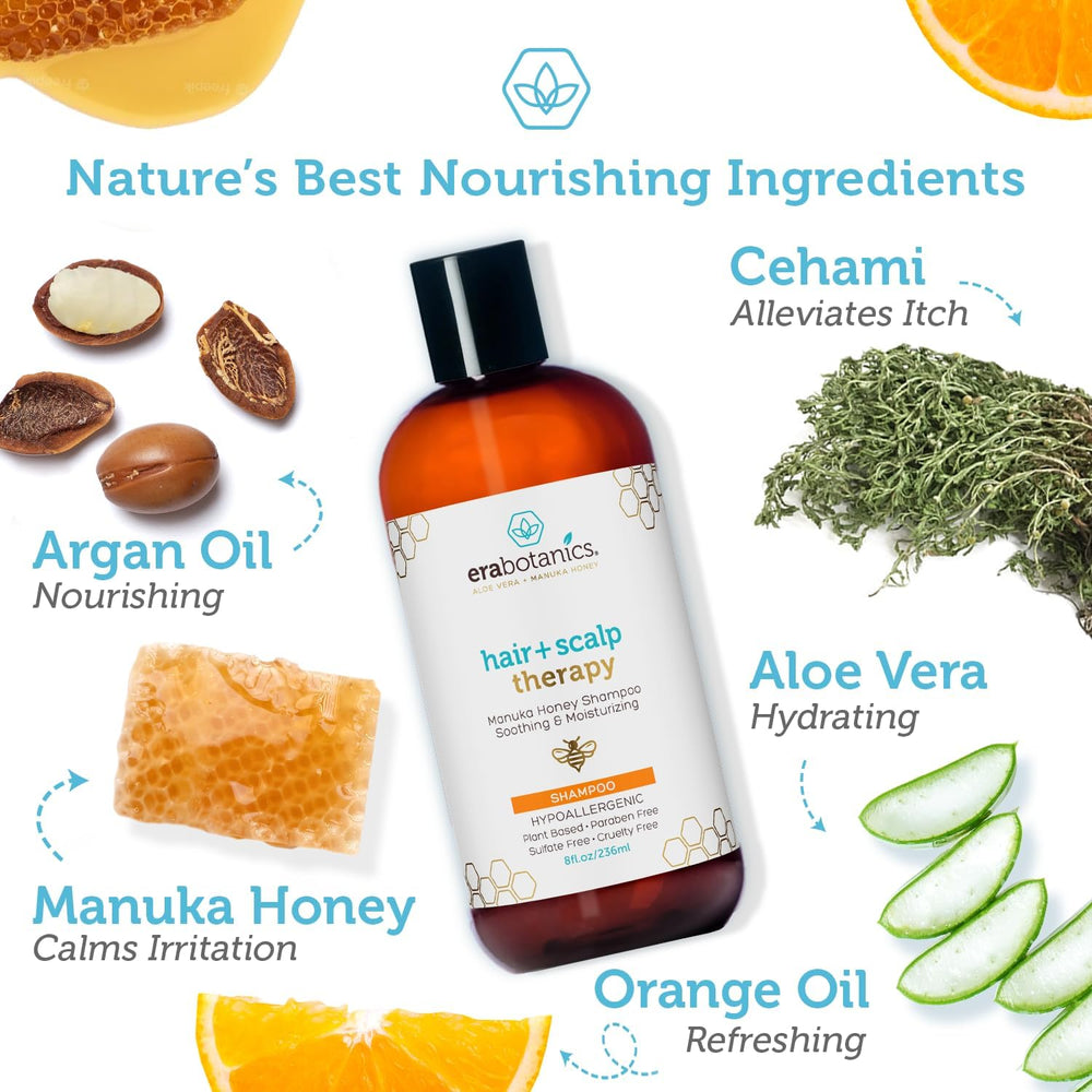 Era Organics Manuka Honey Dry Scalp Shampoo packaging on a shelf for family use