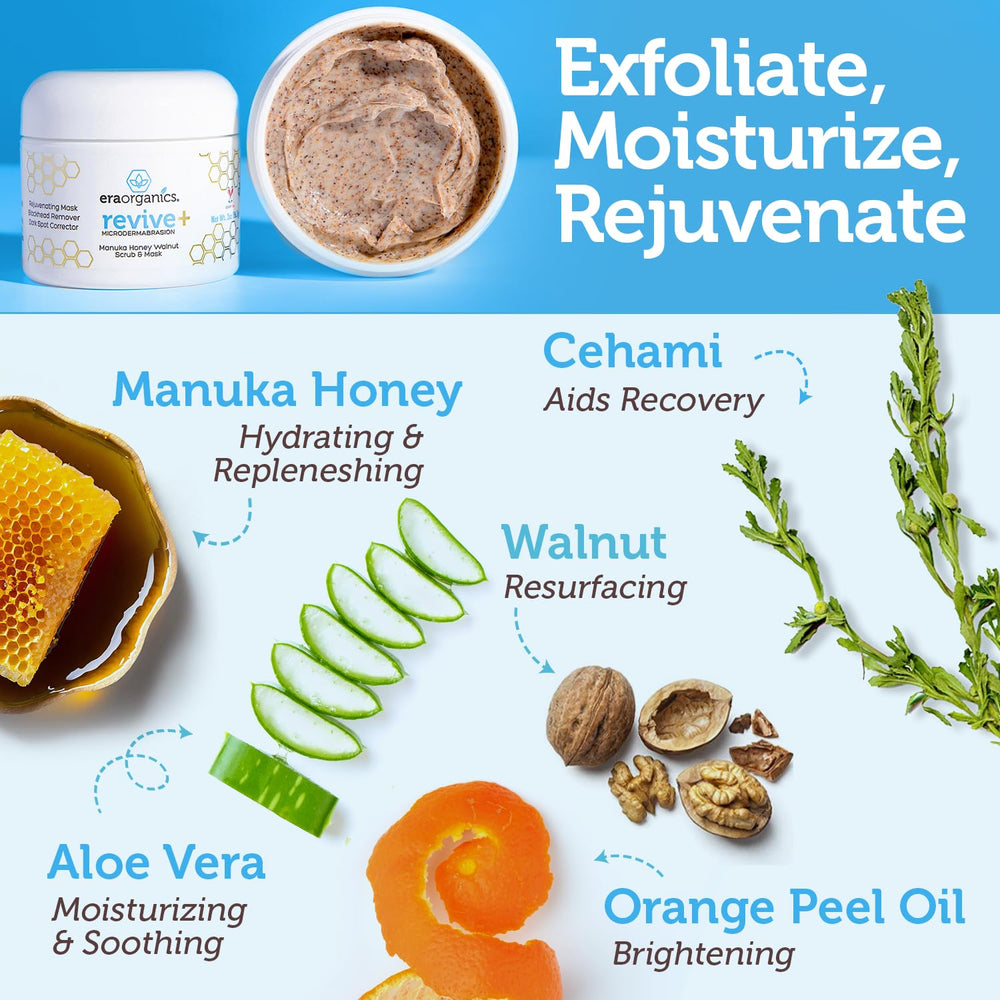 Era Organics Manuka Honey Exfoliating Face Scrub texture closeup, smooths dull skin.