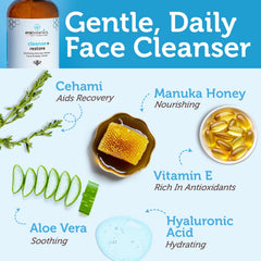 Era Organics Manuka Honey Face Wash label close-up highlighting organic ingredients for calm skin.