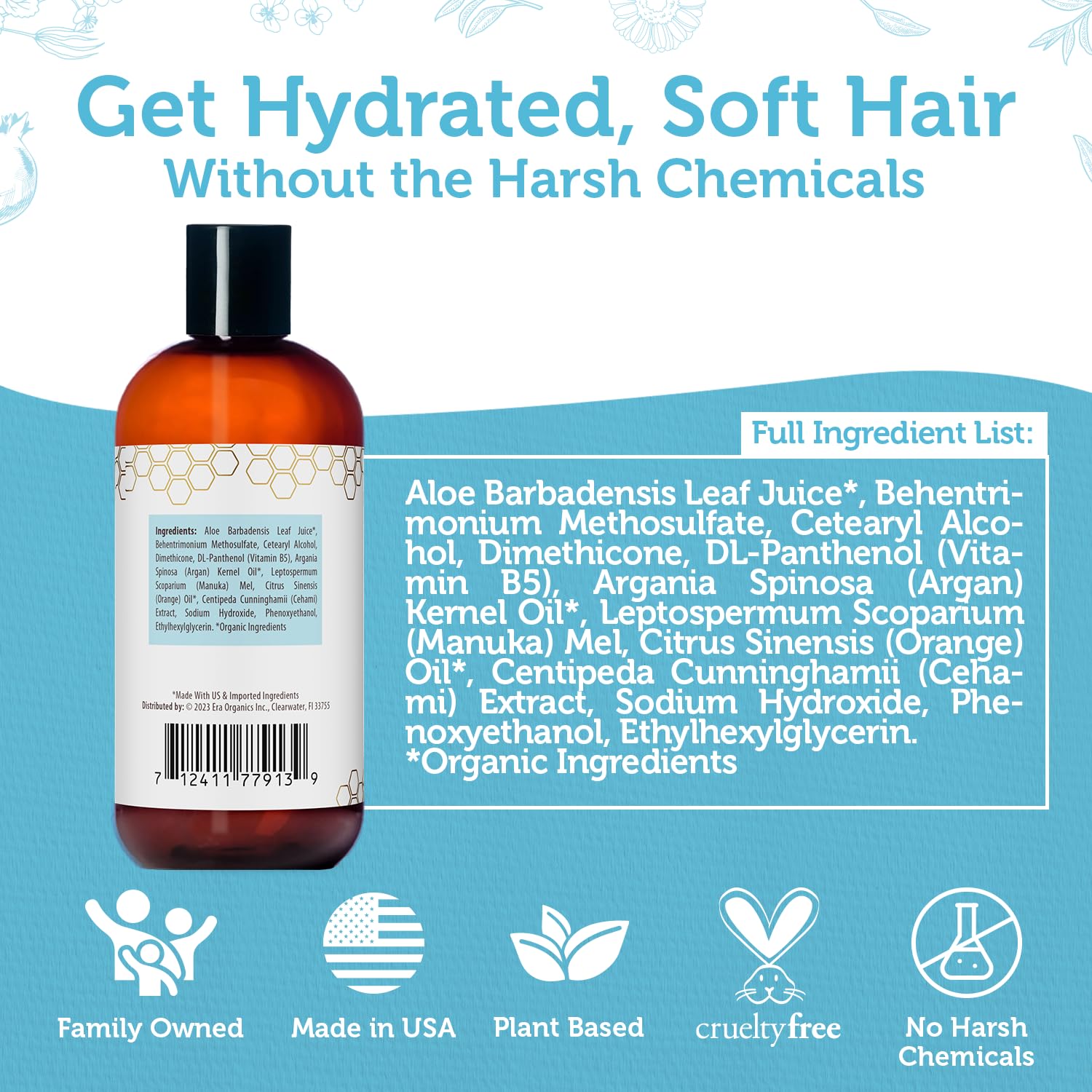Era Organics Manuka Honey packaging emphasizes fragrance-free soothing hair care.