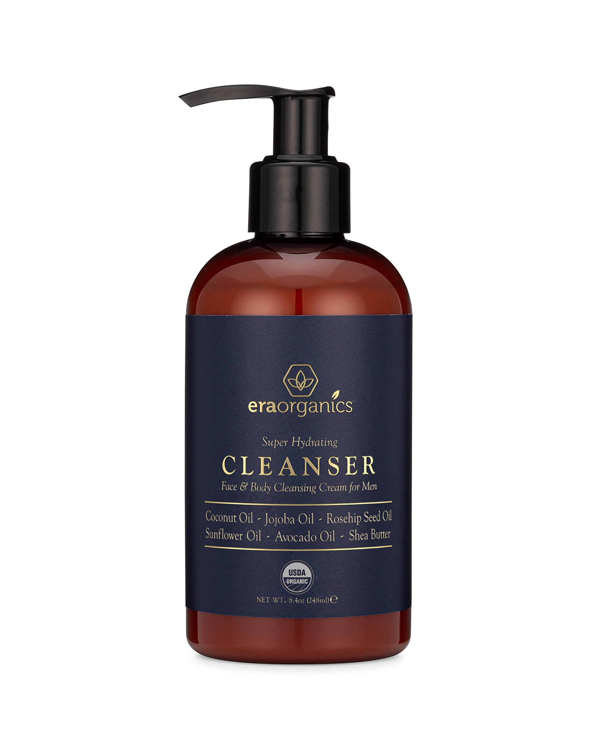 Era Organics men's face wash bottle pour for gentle daily cleansing and hydrated skin.