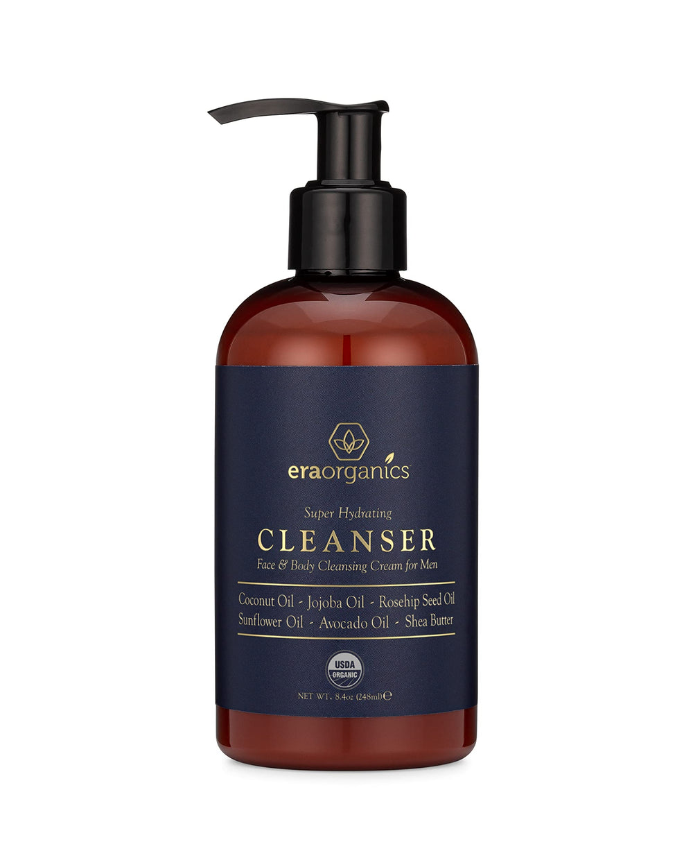 Era Organics men's face wash bottle pour for gentle daily cleansing and hydrated skin.
