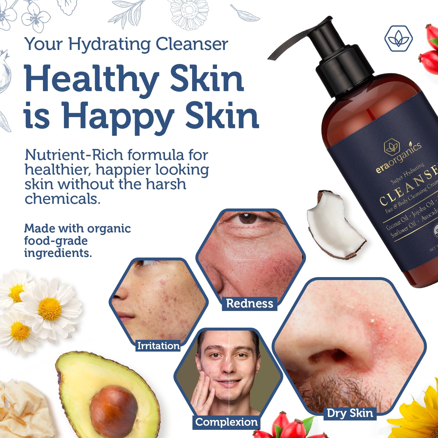 Era Organics men's face wash closeup on skin showing a smoother, healthier look.