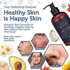 Era Organics men's face wash closeup on skin showing a smoother, healthier look.