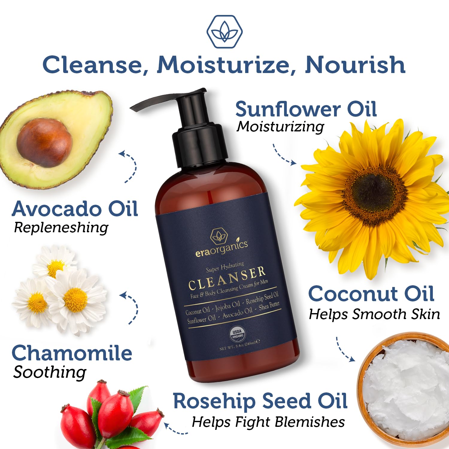Era Organics men's face wash creamy-lather delivering soothing cleanse for sensitive skin.