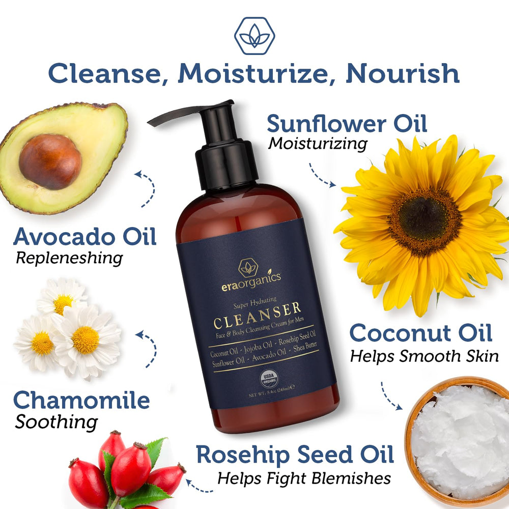 Era Organics men's face wash creamy-lather delivering soothing cleanse for sensitive skin.