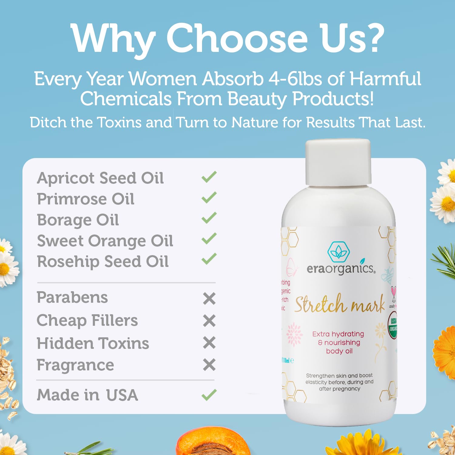 Era Organics stretch-mark oil absorption-fast leaves lightweight hydration.