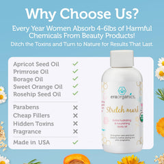Era Organics stretch-mark oil absorption-fast leaves lightweight hydration.