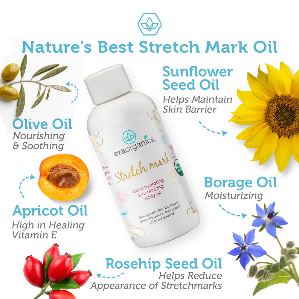 Era Organics stretch-mark oil pregnancy-nourishment supports elasticity and daily care.