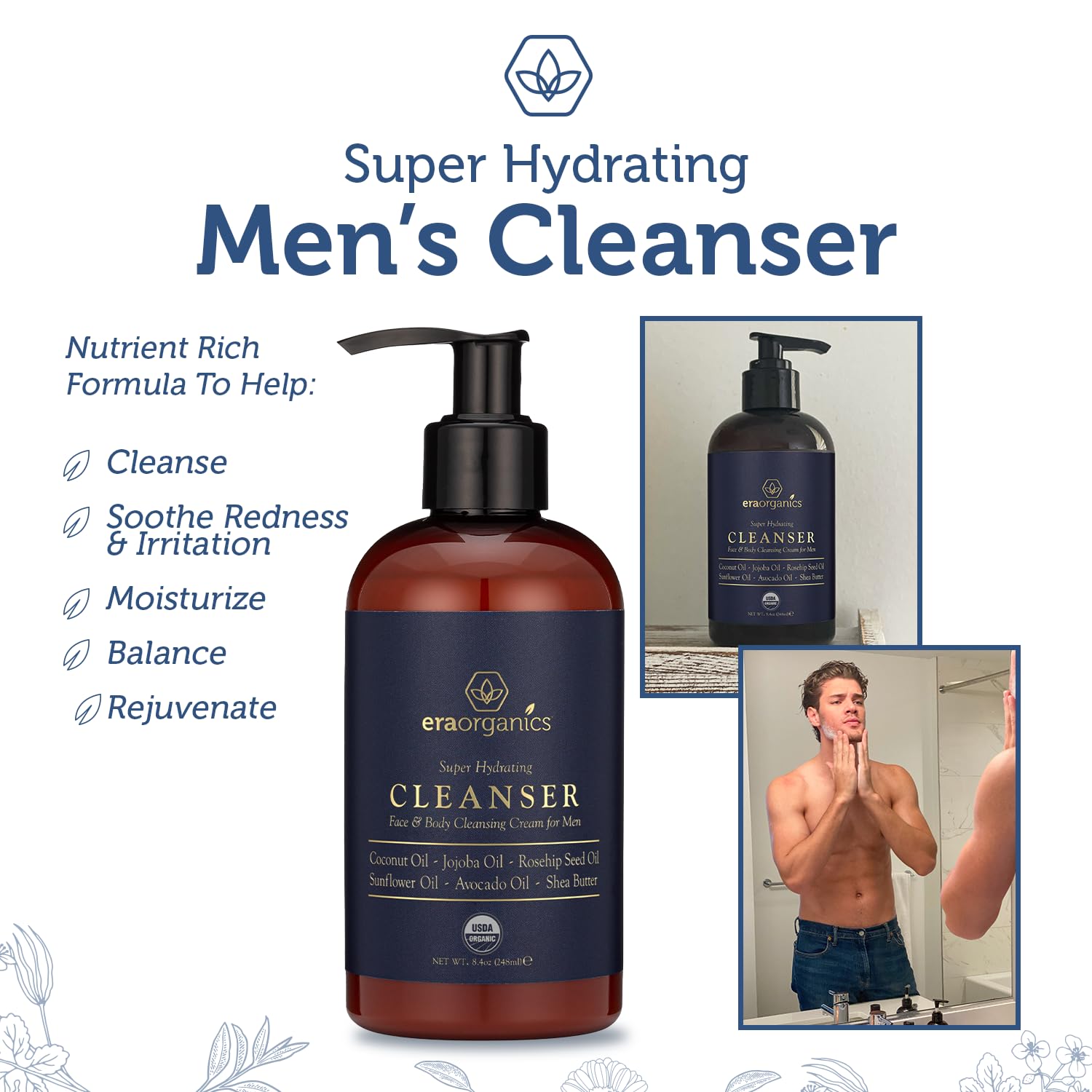 Era Organics USDA Organic Cleanser highlighting natural ingredients and safe cleansing.