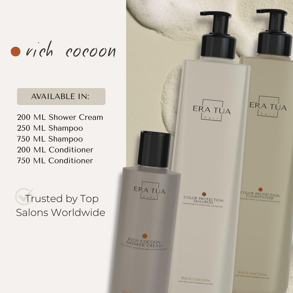 Era Tua Rich Cocoon scent notes image conveys warm wood fragrance and serenity.