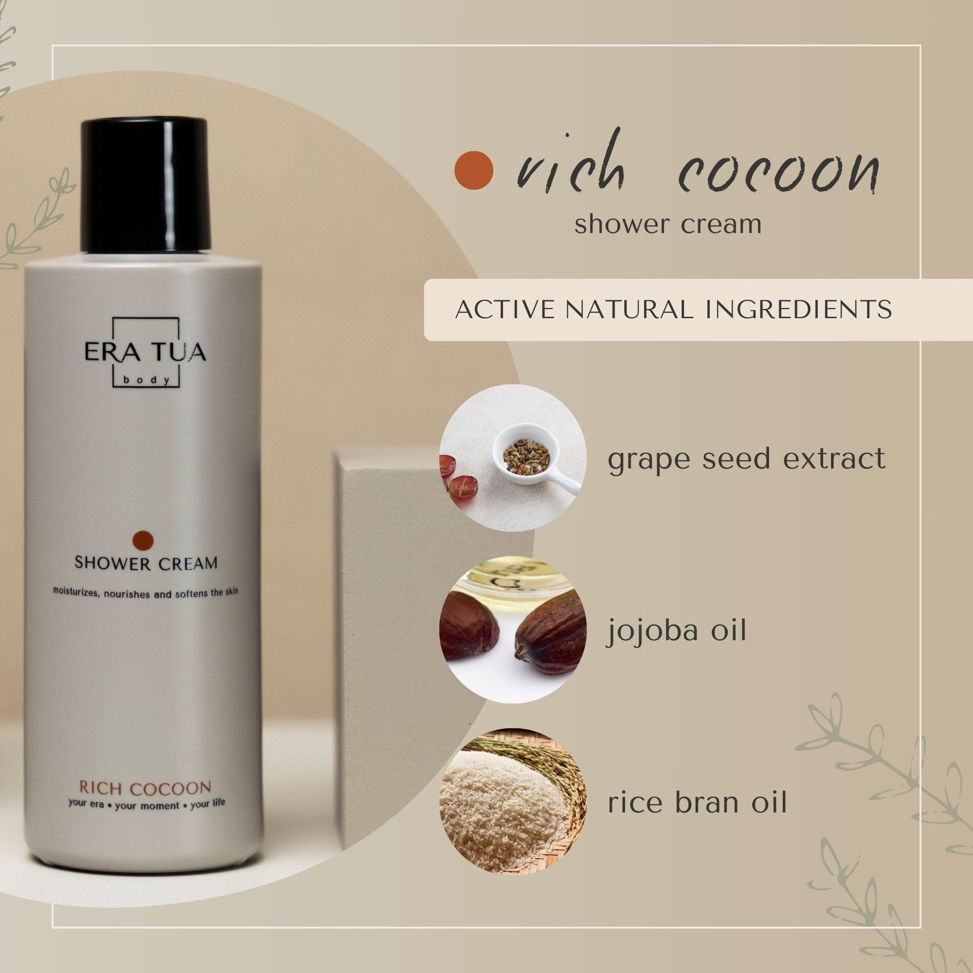 Era Tua Rich Cocoon texture close-up highlights creamy lather for soft skin.